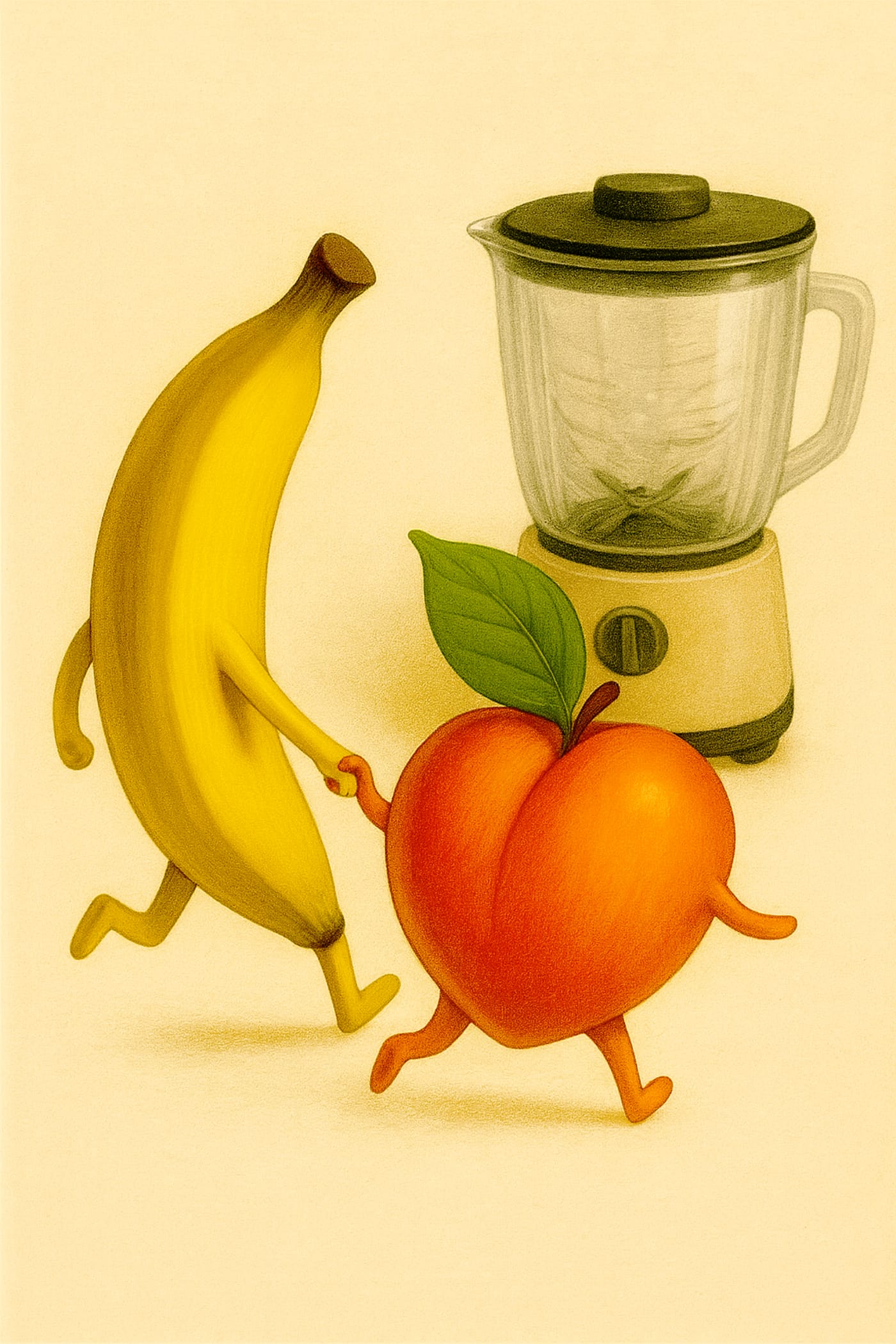 Banana and peach run away from the blender, holding hands