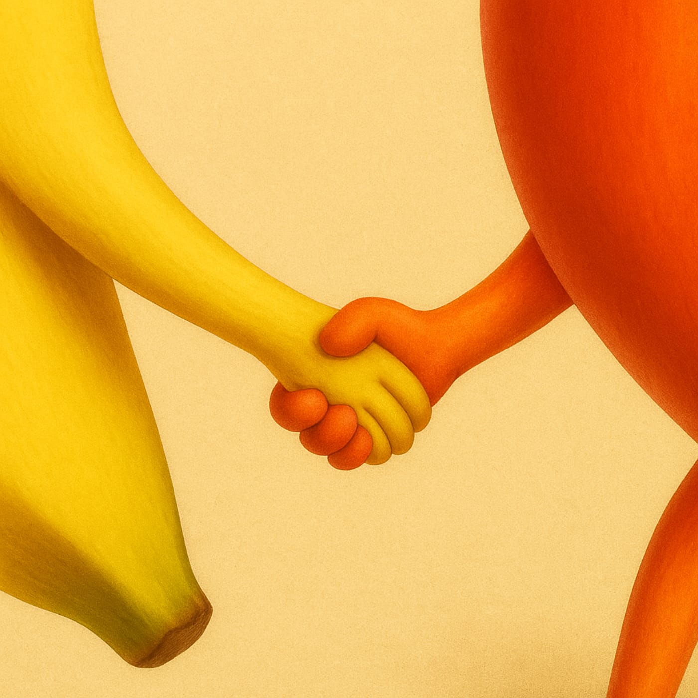 Close-up: banana and peach holding hands