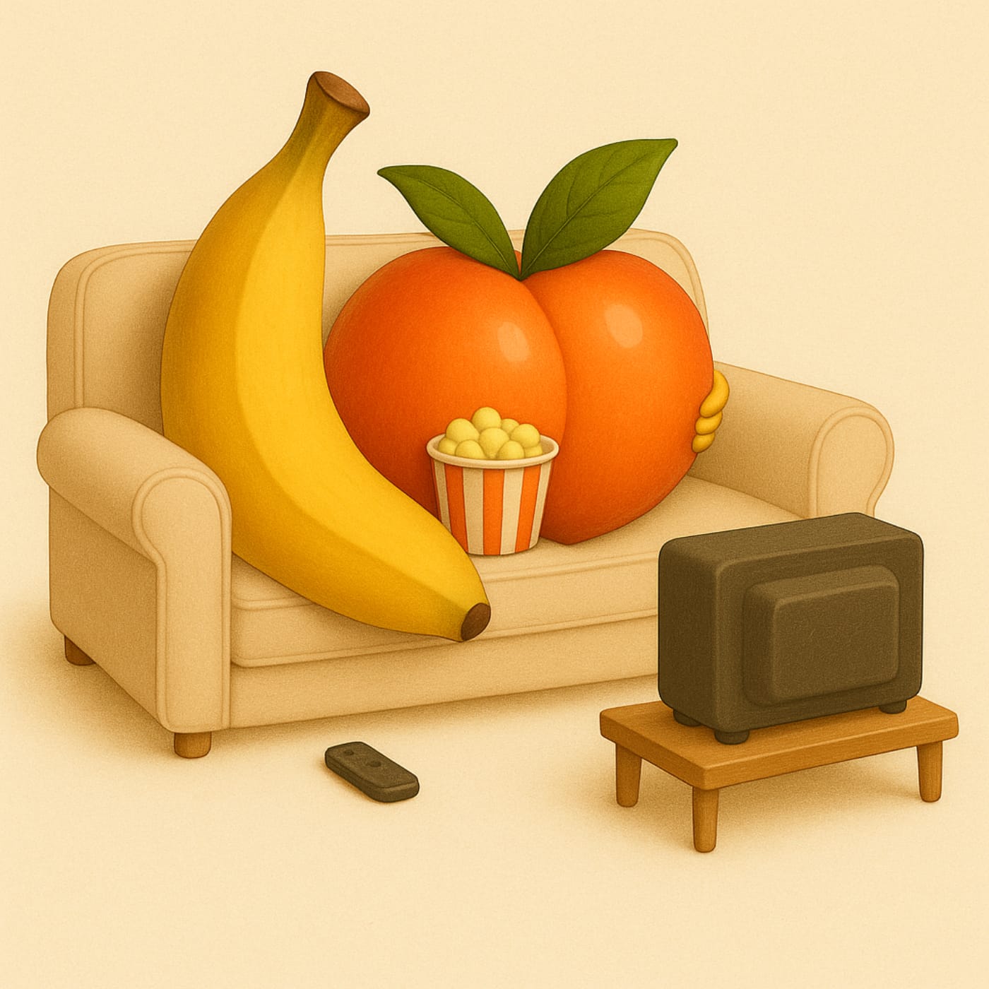Banana and Peach are cuddling on the couch, watching TV. A cup of popcorn stands nearby, and the remote lies on the floor.