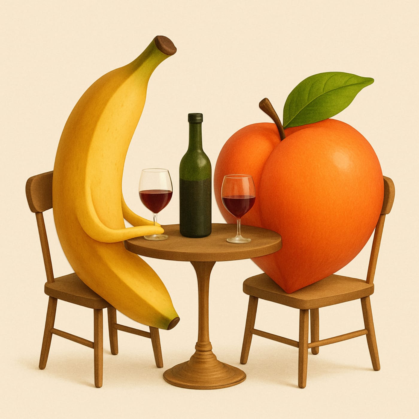 Banana and peach sit at a small table, drinking wine from glasses.