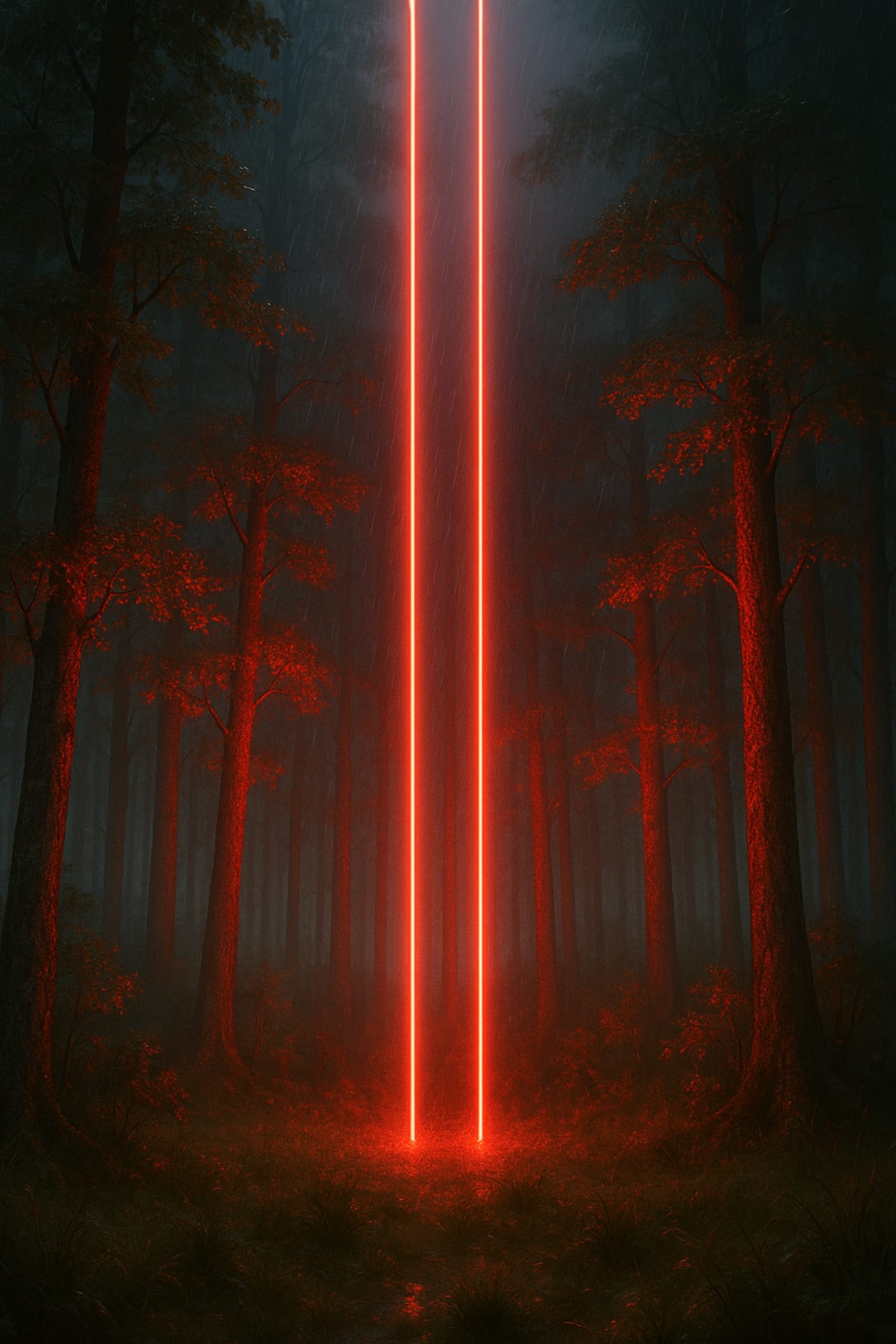 Два ярких параллельных красных луча вырываются из земли в небо, освещая деревья в тёмном дождливом лесу