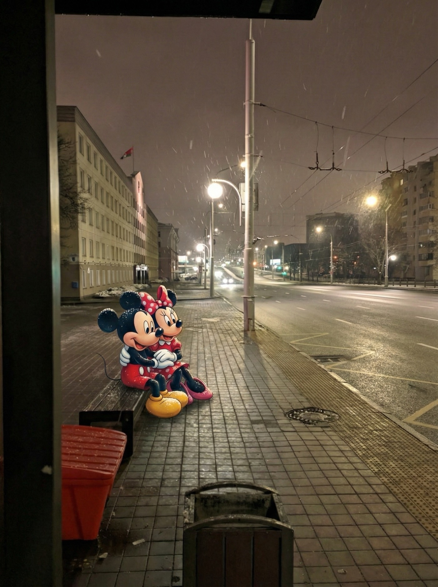 Микки и Минни Маус сидят на скамейке в снежную ночь на пустой улице.