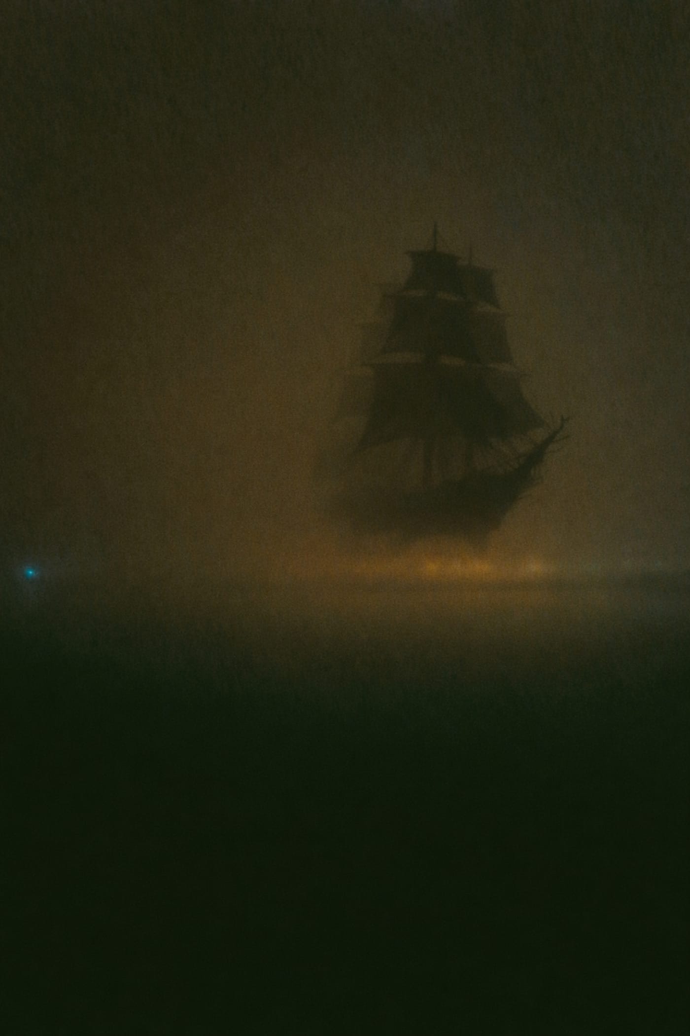 Темный силуэт корабля на фоне тумана, с мягким светом, пробивающимся сквозь дымку.