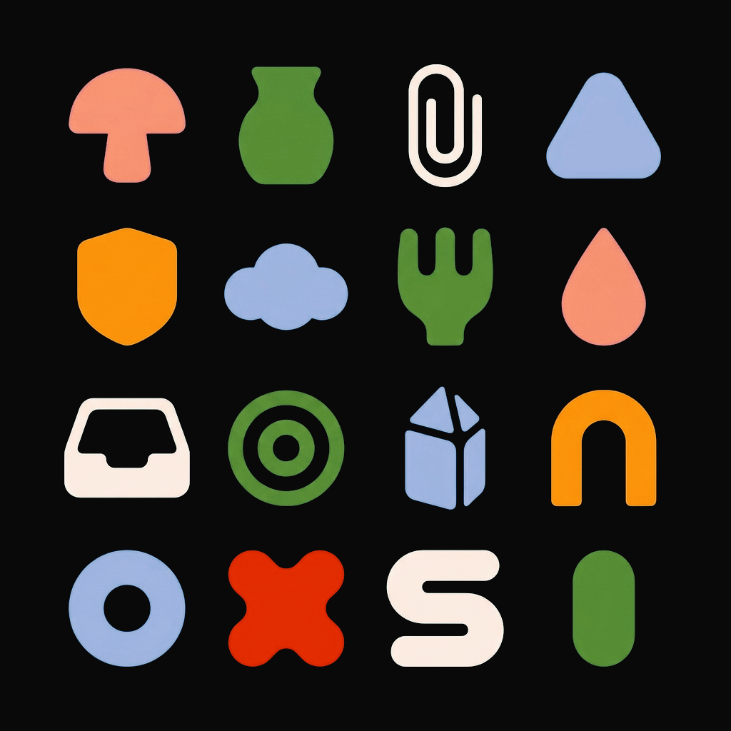 Разнообразные геометрические формы и символы на черном фоне: гриб, ваза, скрепка, треугольник, облако и другие.