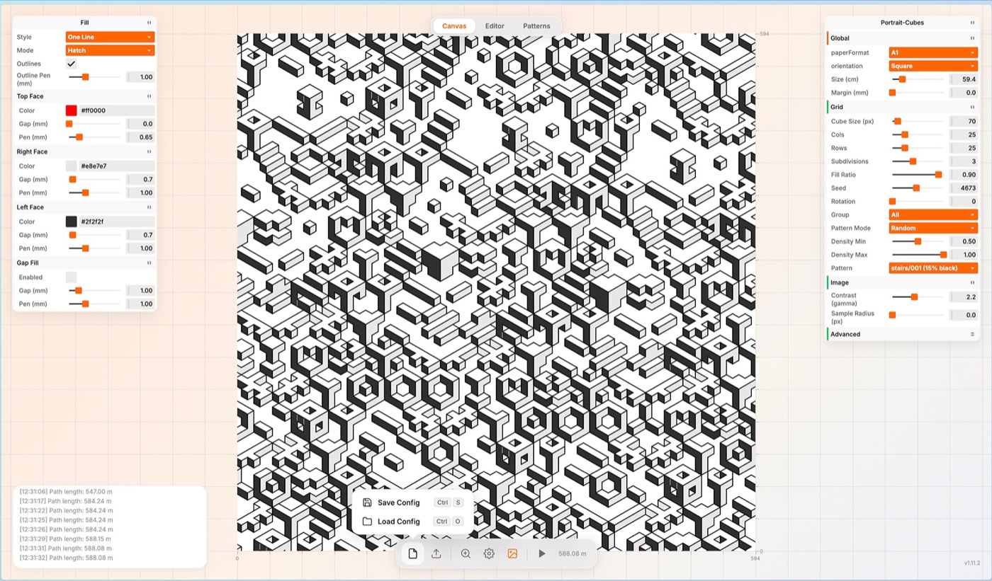 Чёрно-белый узор с геометрическими фигурами и кубами, элементы интерфейса для редактирования.