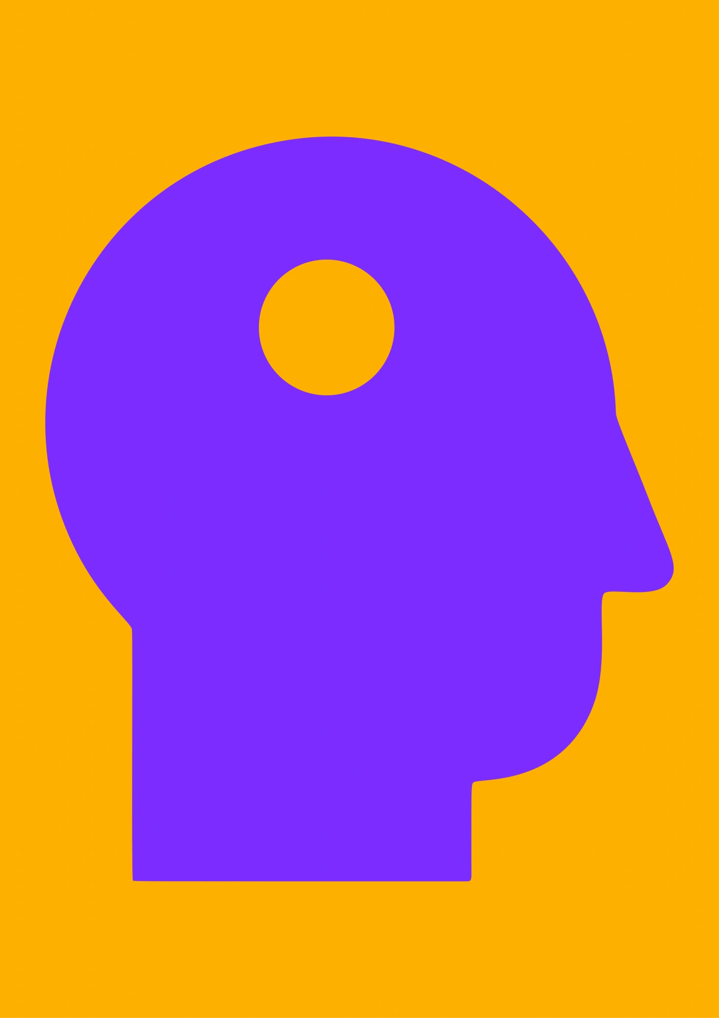 Purple head silhouette on an orange background with a circular cutout in the upper part.
