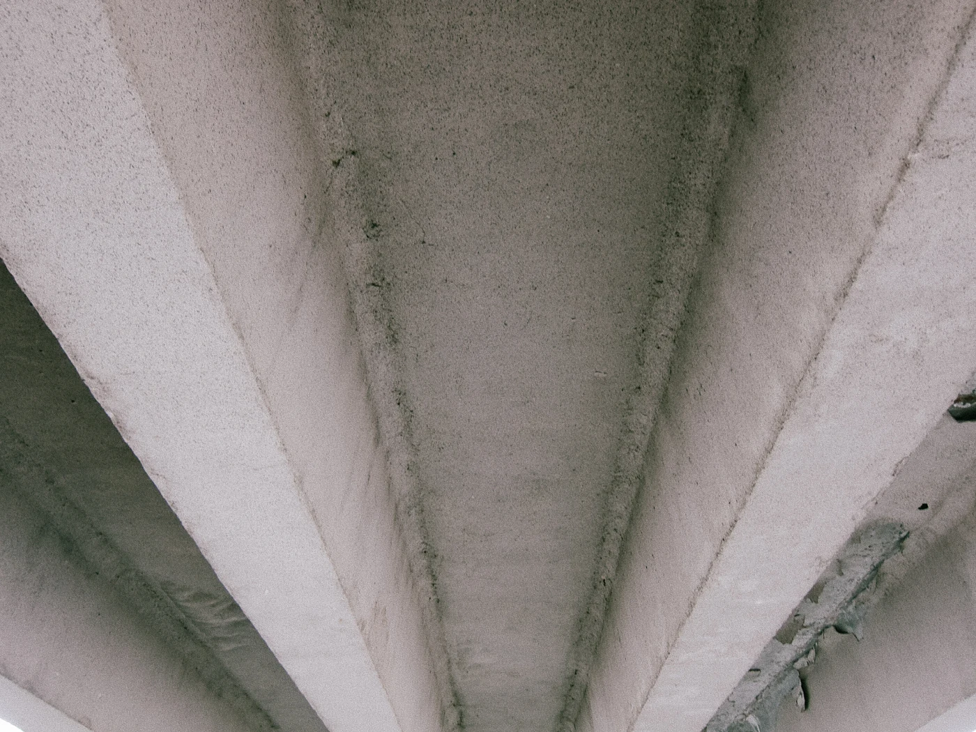 The ceiling under a bridge with concrete beams, viewed from above.