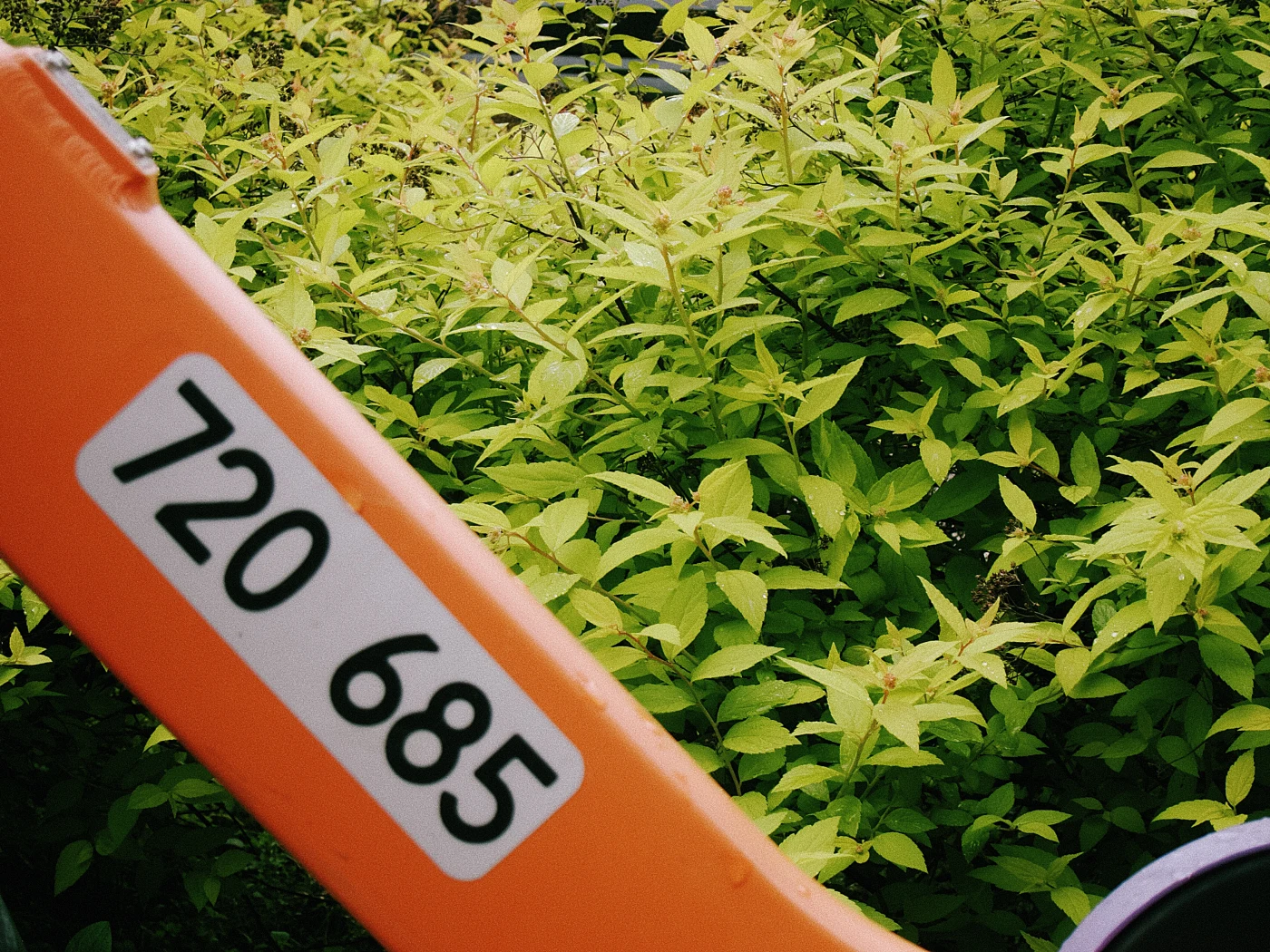 An orange part of a vehicle with the number 720 685, with green bushes in the background.