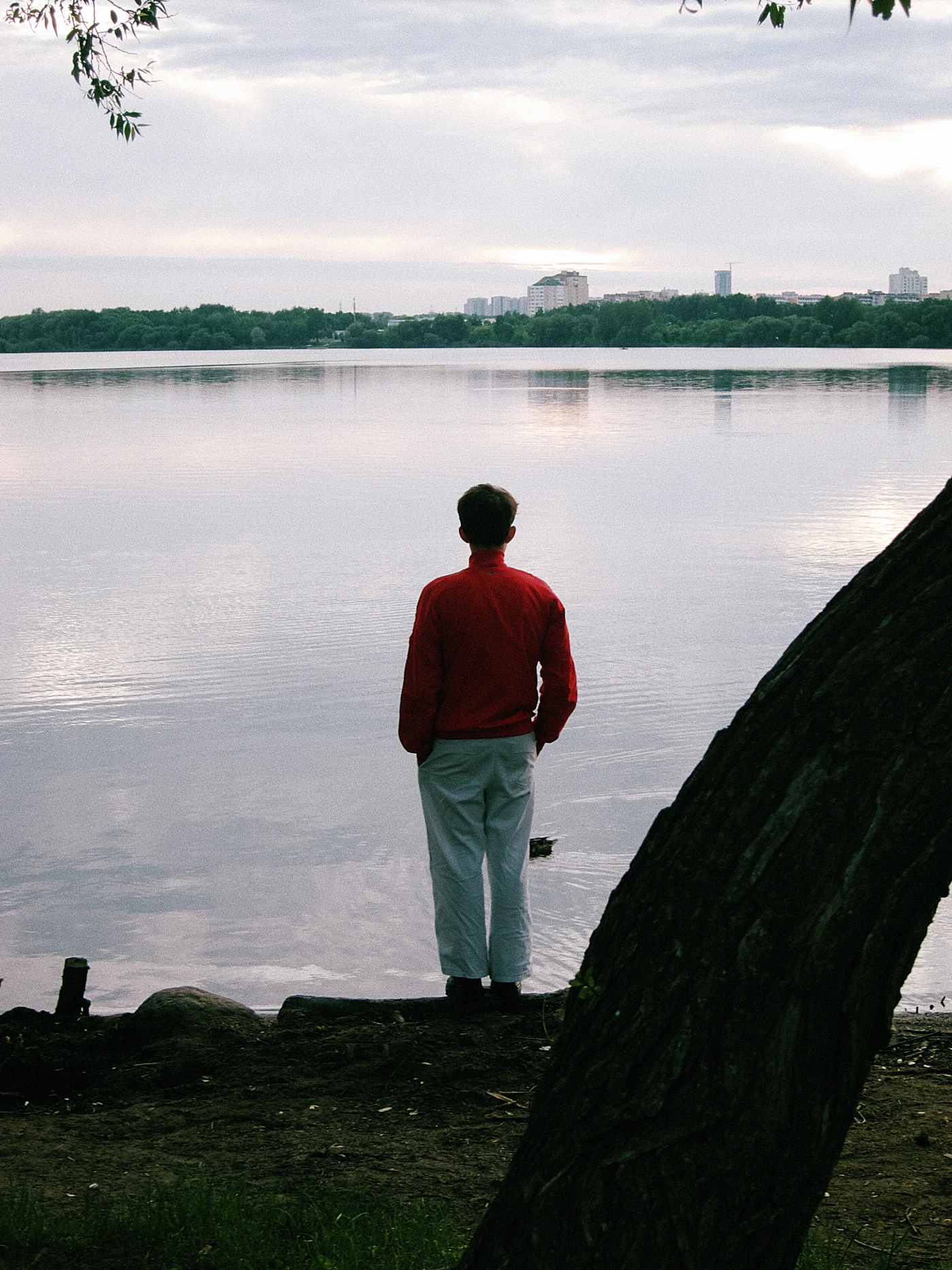 A person in a red jacket stands by the water, looking at the calm surface of the lake and the cityscape in the distance.