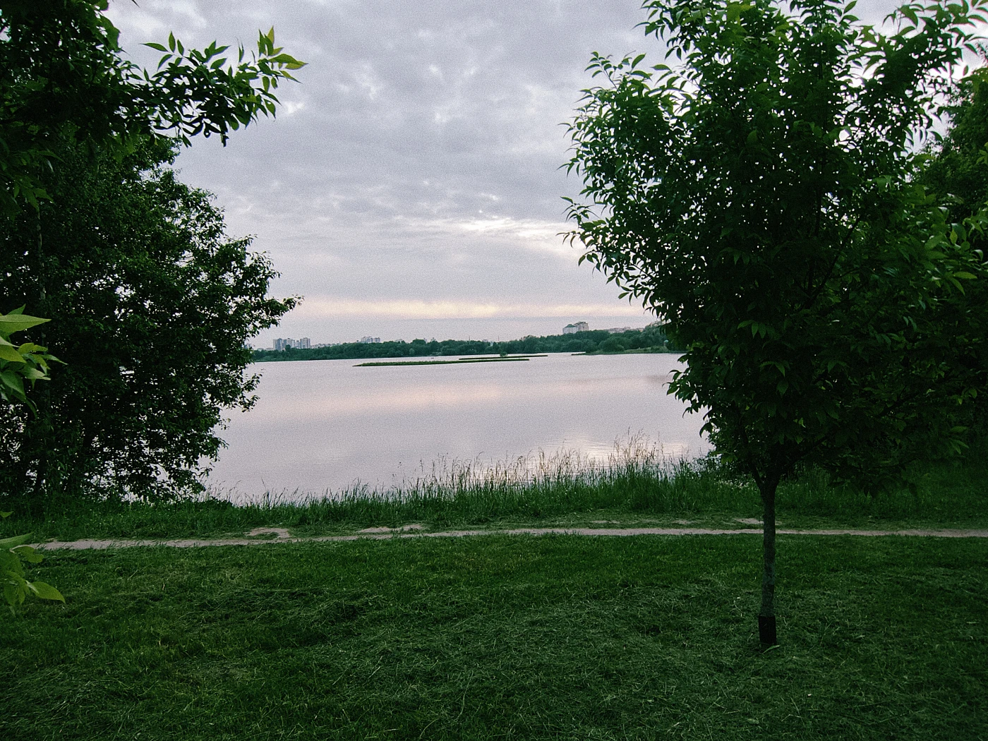 A calm lake under a cloudy sky, surrounded by green trees and grass.