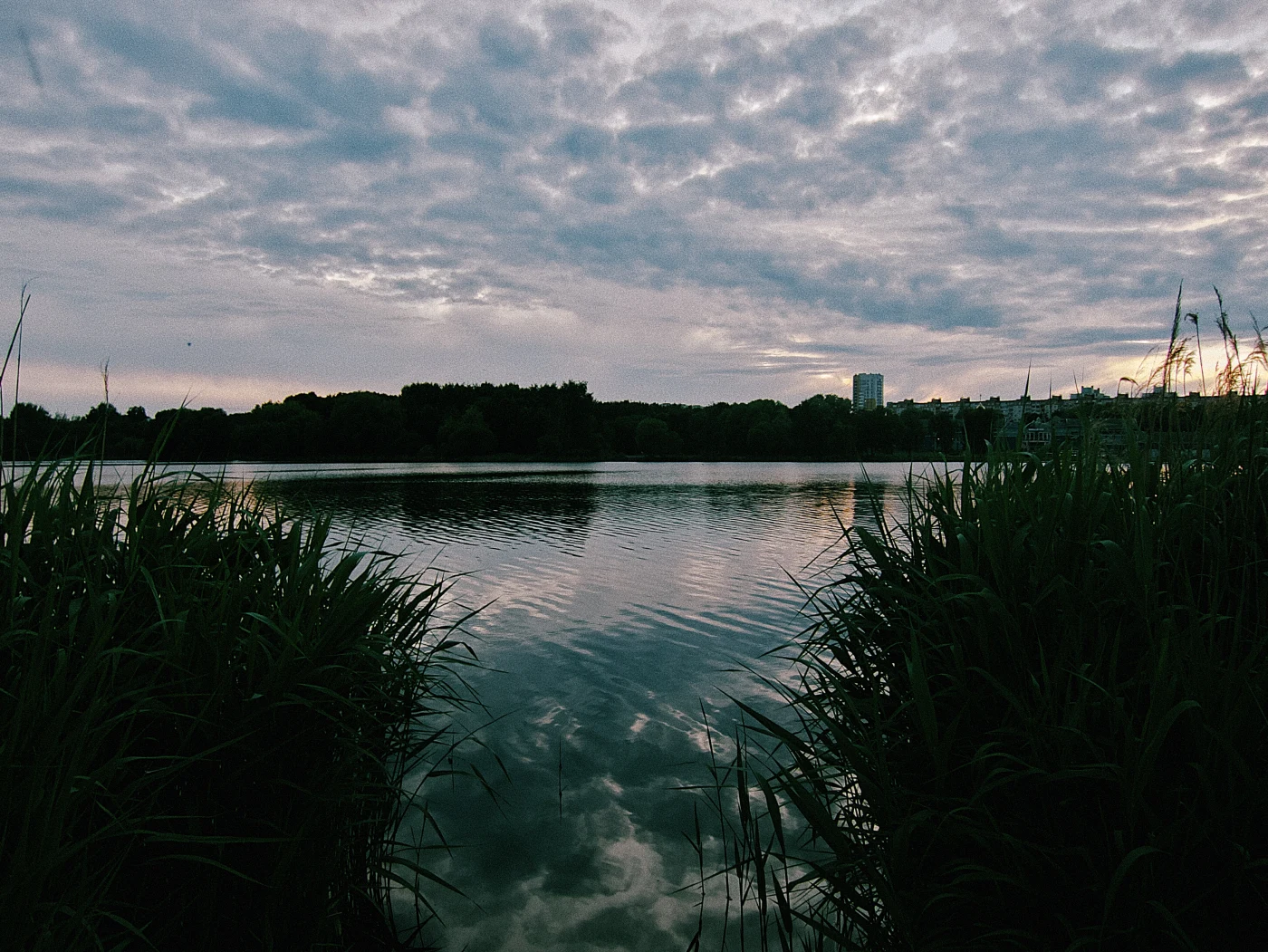A calm lake against a cloudy sky and green thickets. Buildings are visible in the distance.