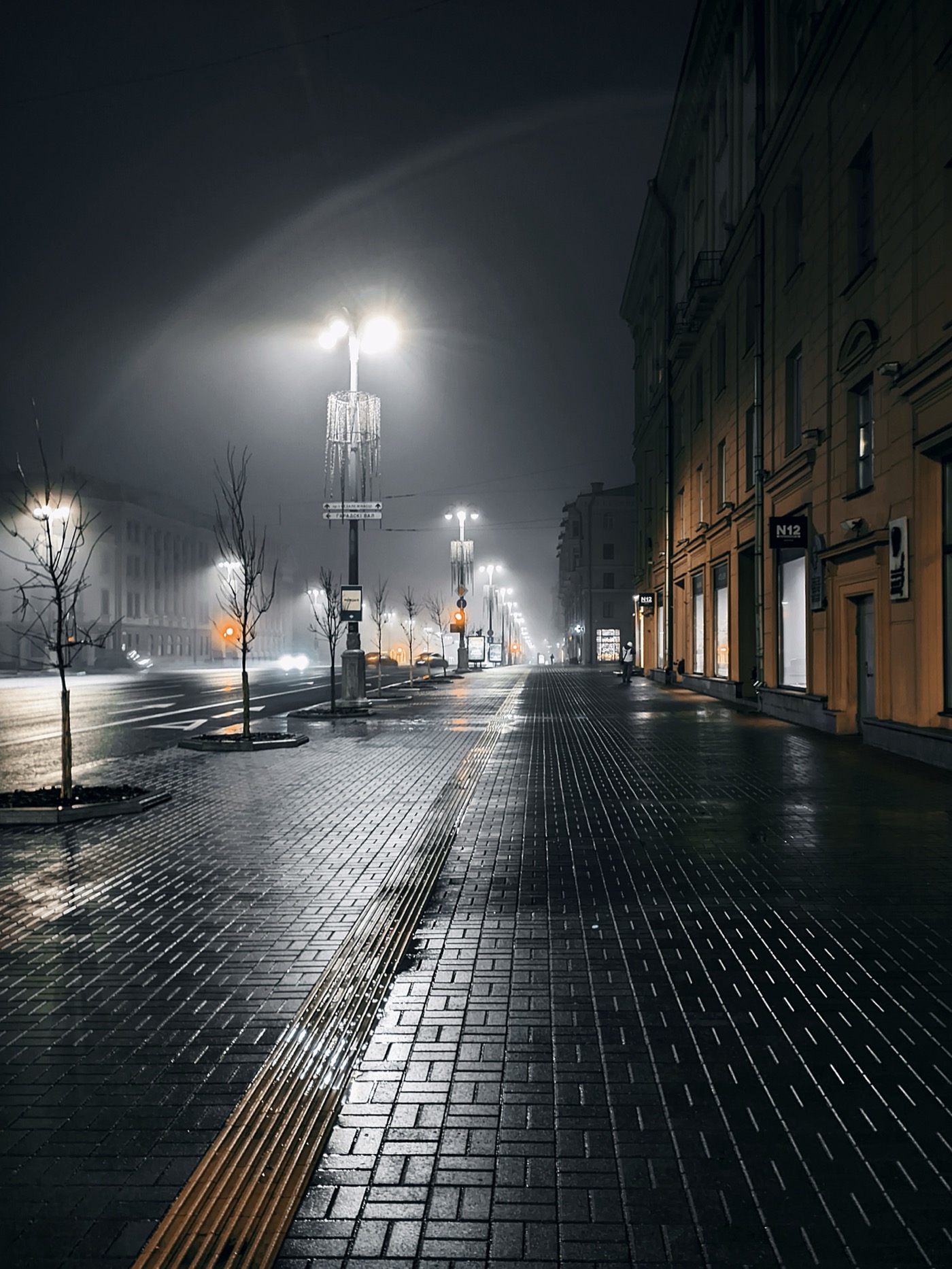 Ночной город с мокрой плиткой, освещённый фонарями. На улице видны здания и размытые огни автомобилей.