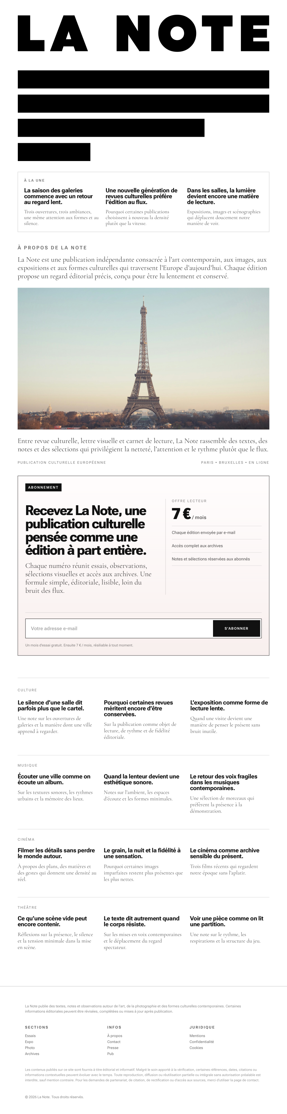 На фоне Эйфелевой башни текст «LA NOTE» и информация о подписке на издание.