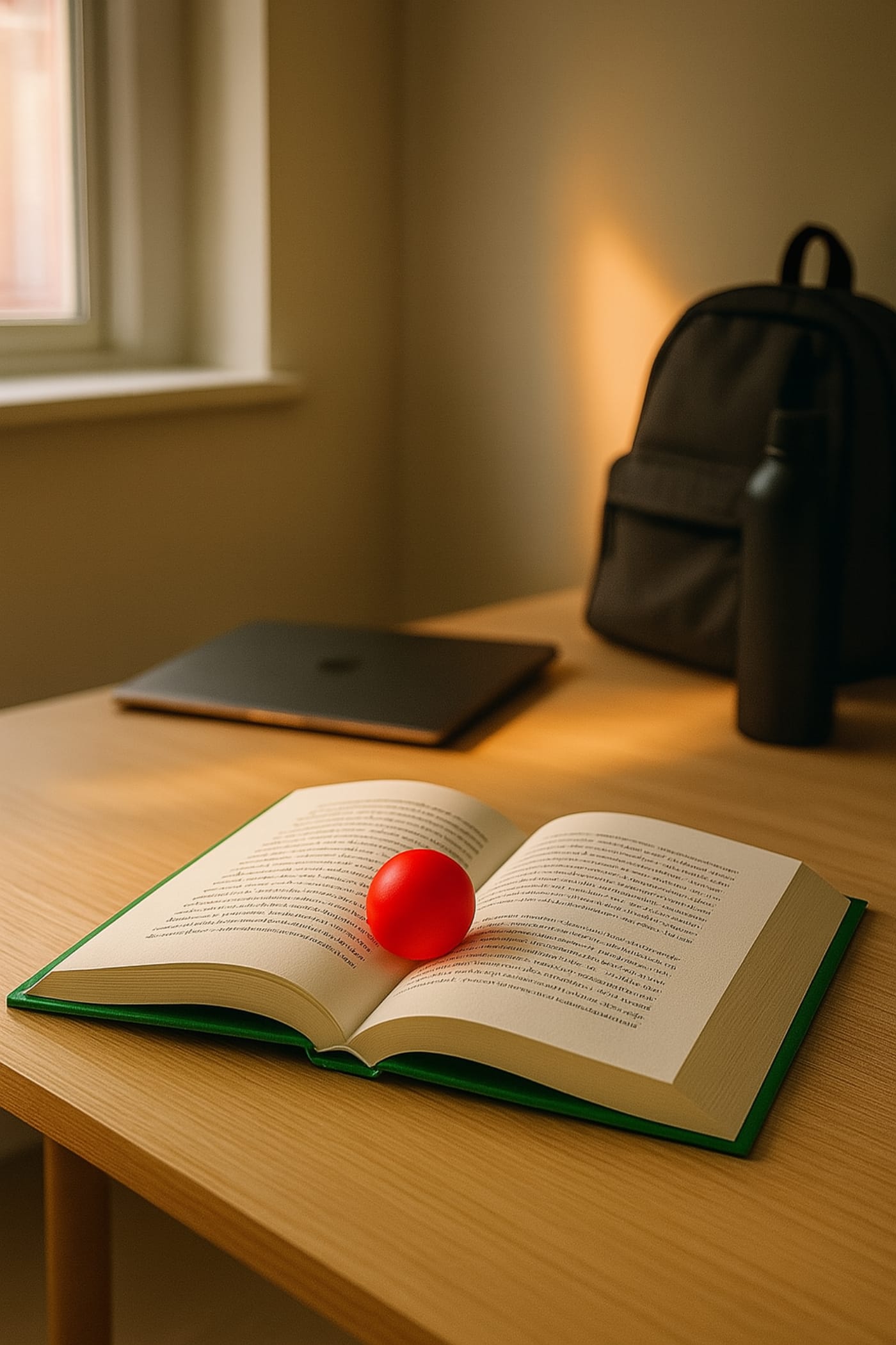 Комната, на столе лежит раскрытая книга с красным шариком между страницами
