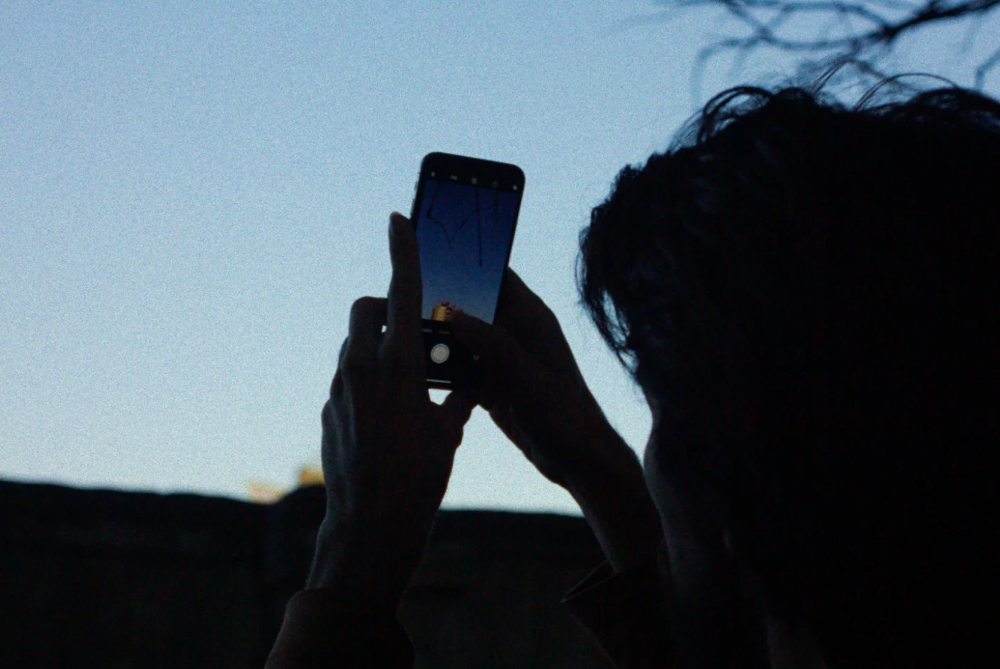 A person photographs the sky on a smartphone, with silhouettes of branches and evening tones visible.