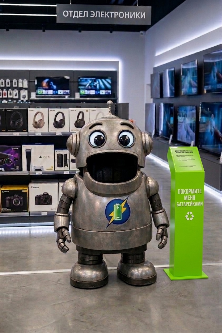 Робот с открытым ртом стоит в отделе электроники. Рядом с роботом стоит стенд с надписью: «Покорми меня батарейками».
