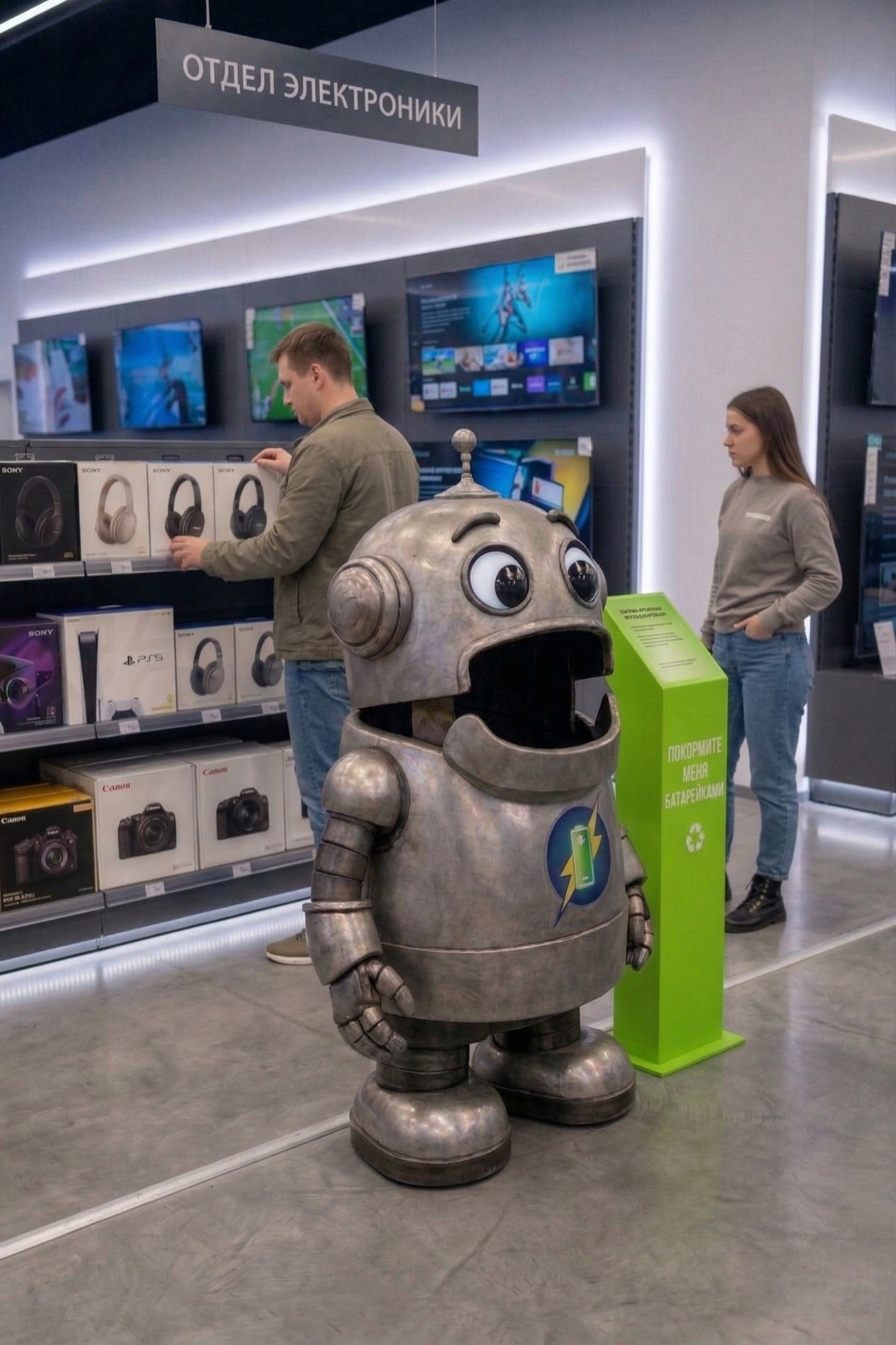 Робот с открытым ртом стоит в отделе электроники. Рядом с роботом стоит стенд с надписью: «Покорми меня батарейками».