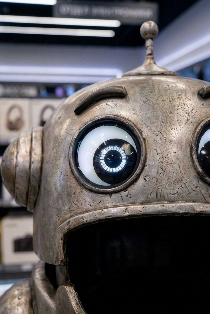 Металлический робот с большими глазами и открытым ртом, на фоне отдела электроники.