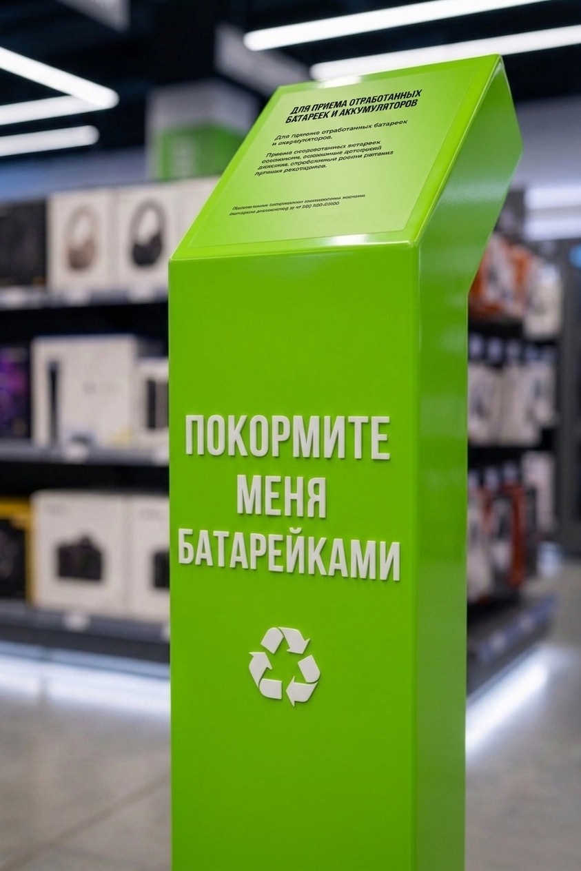 Зелёный стенд с надписью «Покормите меня батарейками» и инструкцией стоит в отделе электроники.