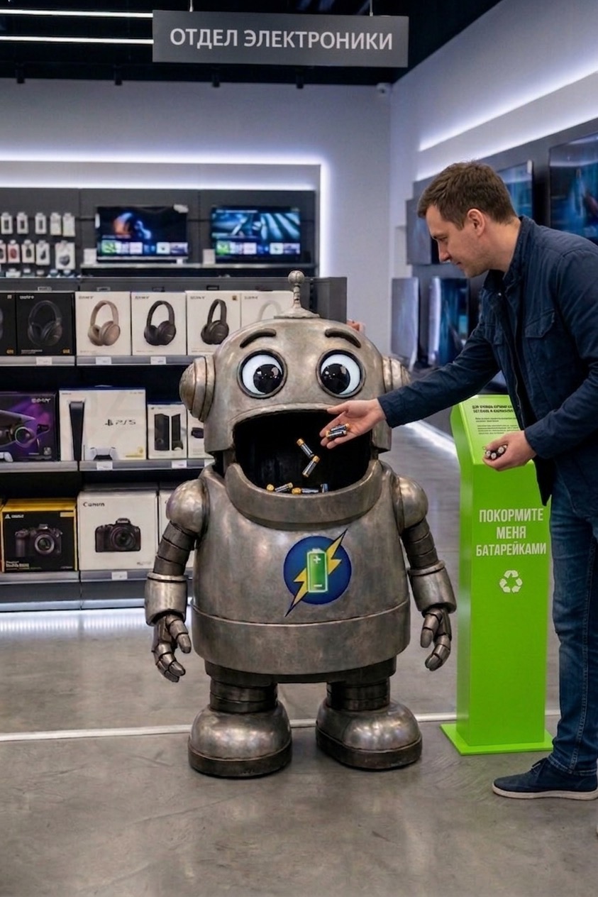 Человек кормит робота батарейками в отделе электроники. Рядом с роботом стоит стенд с надписью: «Покорми меня батарейками».