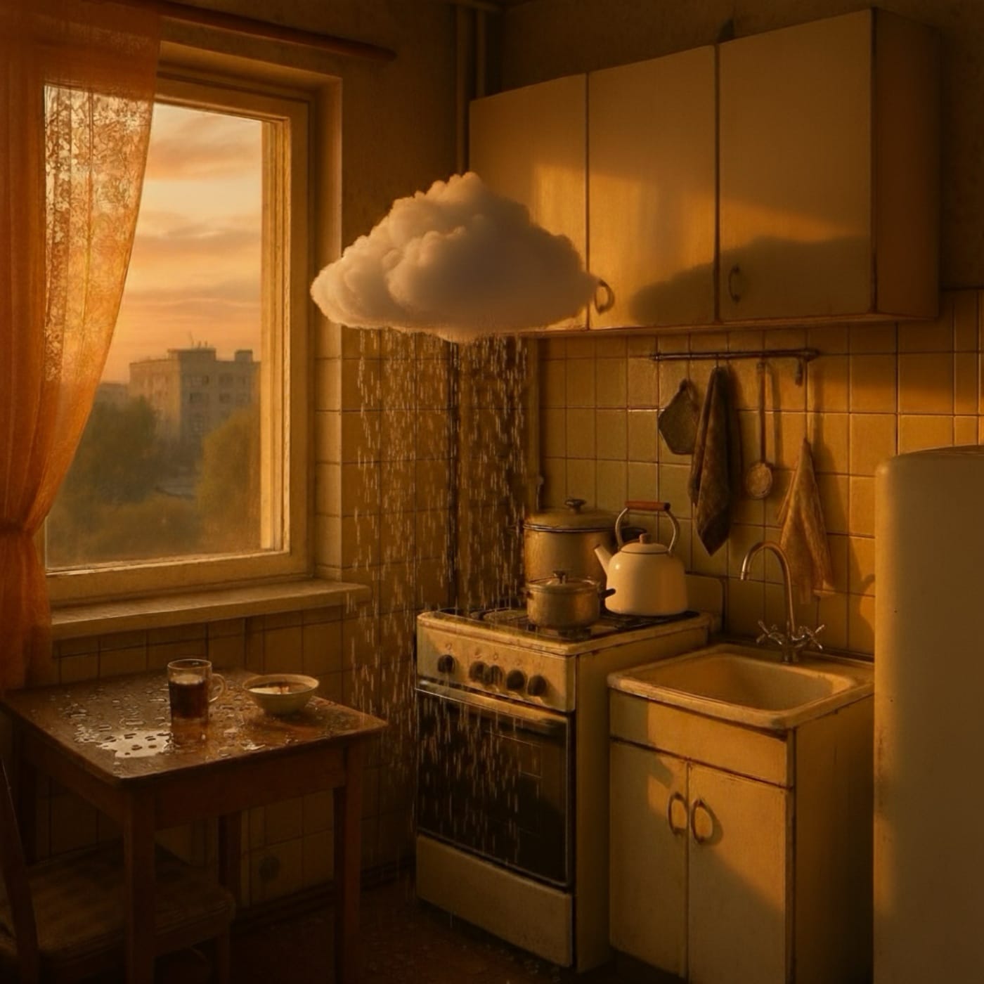 Облако льет дождь на кухне, где на столе стоит чашка чая.