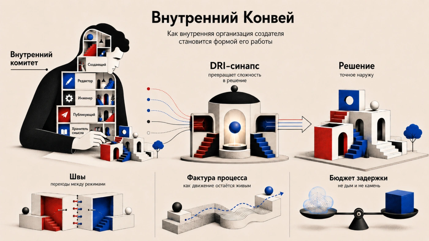 Визуализация концепции «Внутренний Конвей» с элементами, описывающими внутренние процессы и решения в организации.