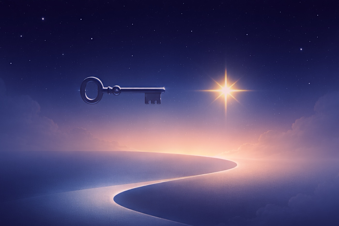 Ключ парит в ночном небе рядом с яркой звездой, над мягким изогнутым светящимся горизонтом, уходящим вдаль.