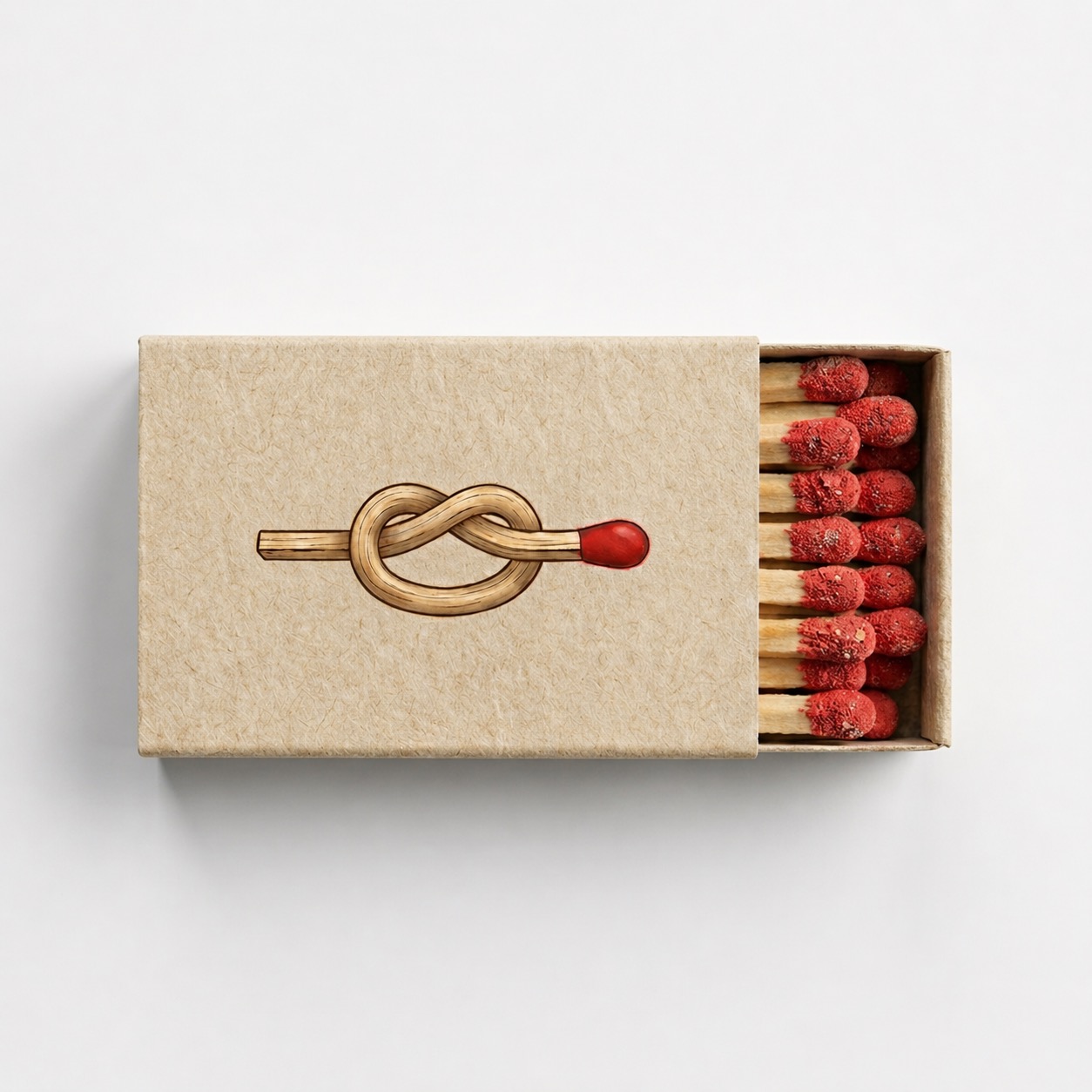 Коробок спичек с рисунком в виде узла. Спички имеют красные головки.