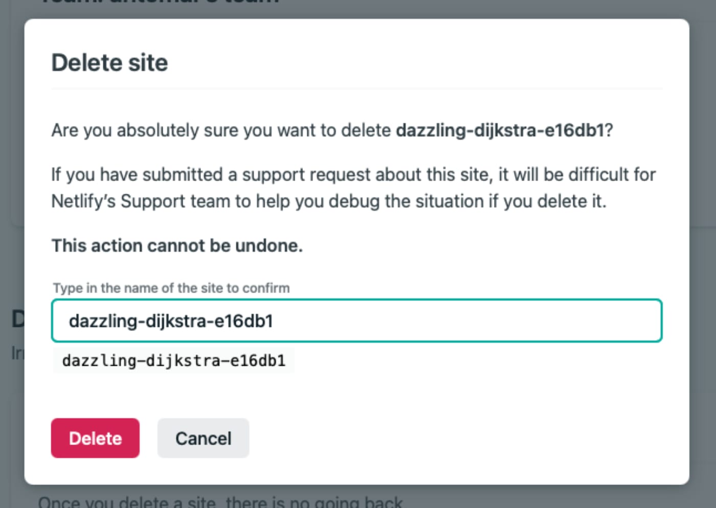Скриншот интерфейса Netlify: для подтверждения удаления нужно ввести код