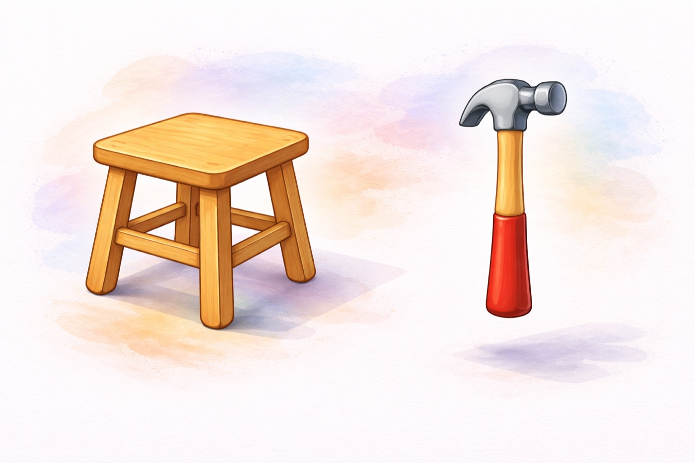 Деревянный табурет и молоток с красной ручкой на светлом фоне.
