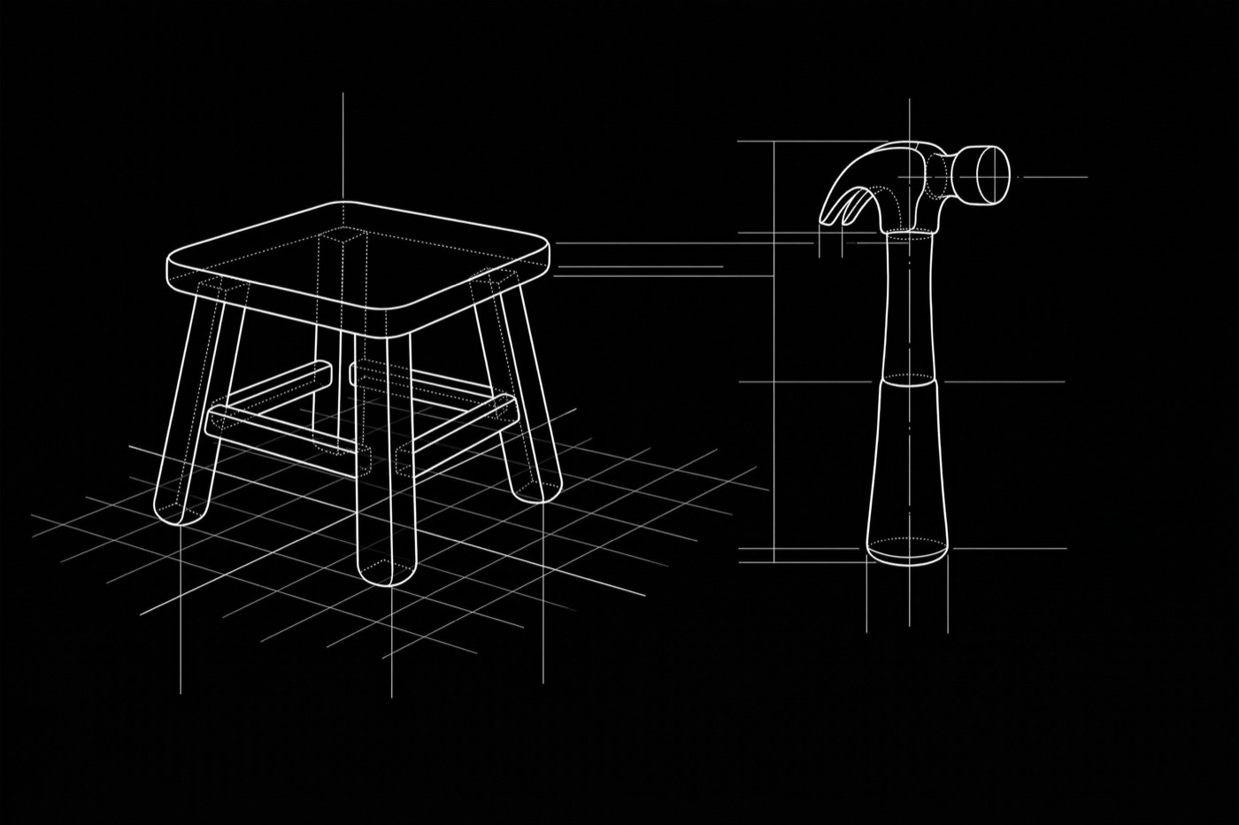 Чертеж табурета и молотка на черном фоне, с сеткой.